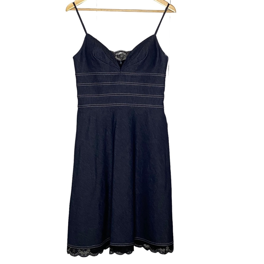 OC by Oleg Cassini Dress Dark Denim Black Lace Detail Sleeveless Size 6
